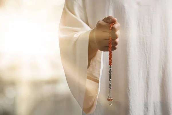 Muslim Man Misbaha Praying Blurred Background Closeup Space Text — Stock Photo, Image