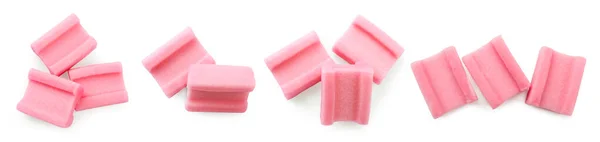 Állítsa Ízletes Rózsaszín Buborék Íny Fehér Háttér Felső Nézet — Stock Fotó