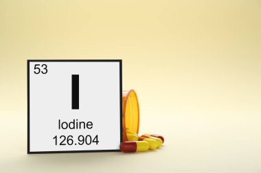 Tentürdiyot elementli kart, kavanoz ve bej arka planda haplar. Metin için boşluk