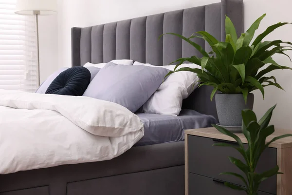 美しい緑の観葉植物と部屋のベッド 寝室のインテリア — ストック写真