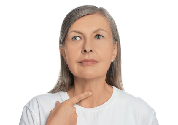 Ендокринна Система Старша Жінка Робить Огляд Щитовидної Залози Білому Тлі — стокове фото