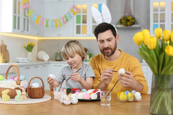 Father His Cute Son Painting Easter Eggs Table Kitchen — Stockfoto