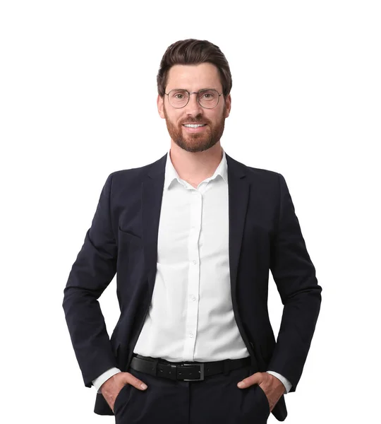 Porträt Eines Gutaussehenden Mannes Mit Brille Auf Weißem Hintergrund — Stockfoto