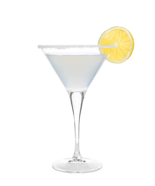 Martini Szklanka Orzeźwiającego Koktajlu Ozdobiona Cytryną Cukrem Izolowanym Białym — Zdjęcie stockowe