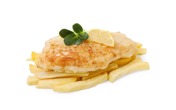 Leckeren Fisch Sodawasser Teig Gemüse Zitronenscheibe Und Kartoffelchips Isoliert Auf — Stockfoto