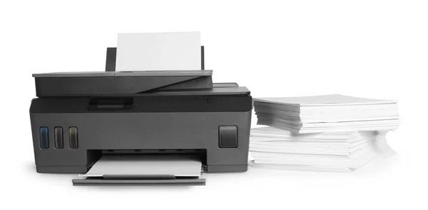Impressora Moderna Pilha Papel Sobre Fundo Branco — Fotografia de Stock