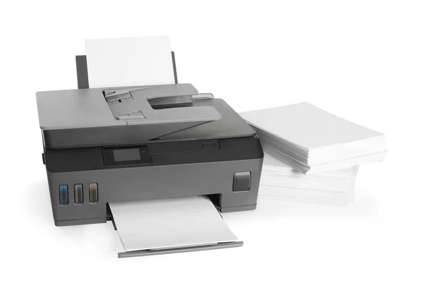 Impressora Moderna Pilha Papel Sobre Fundo Branco — Fotografia de Stock