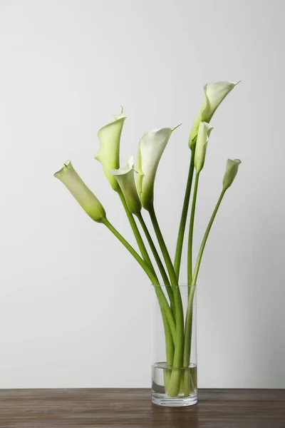 Красивые Калла Лилия Цветы Вазе Деревянном Столе Белом Фоне — стоковое фото
