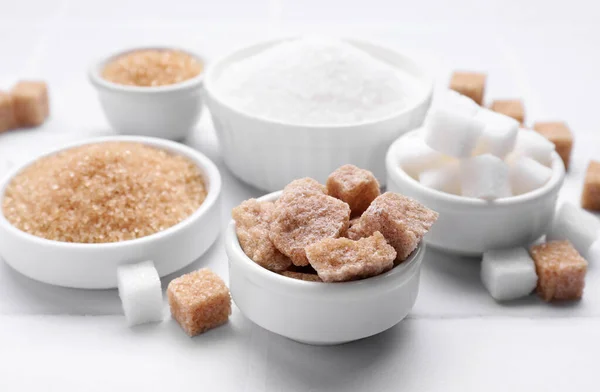 Diferentes Tipos Açúcar Mesa Branca Close — Fotografia de Stock