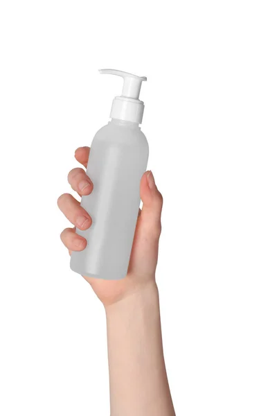 Frau Mit Flasche Gesichtsreinigungsmittel Auf Weißem Hintergrund Nahaufnahme — Stockfoto