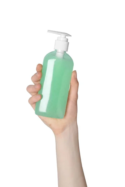 Woman Holding Bottle Face Cleansing Product White Background Closeup — Stock Photo, Image