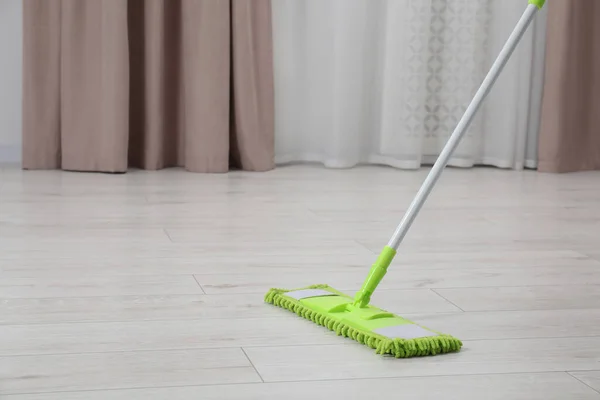 Cleaning Dirty Parquet Floor Mop Indoors Space Text — Stock Photo, Image
