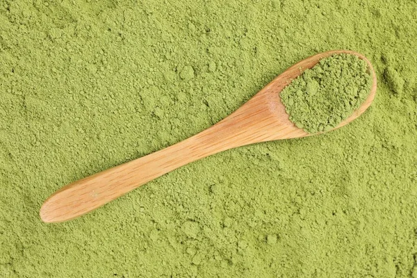 Holzlöffel Auf Grünem Matcha Pulver Von Oben — Stockfoto