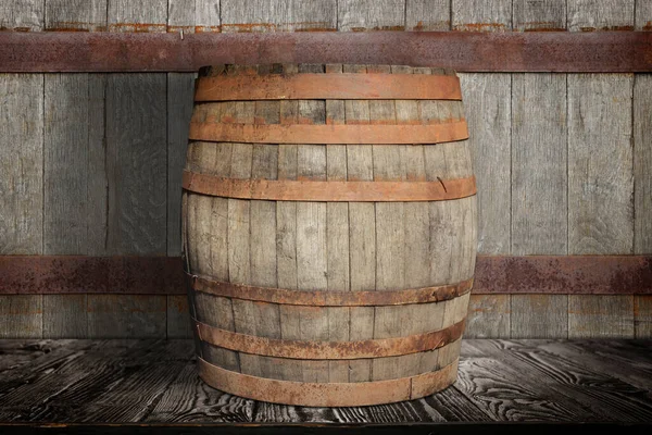テクスチャの壁の近くの表面に1本の木製の樽 — ストック写真