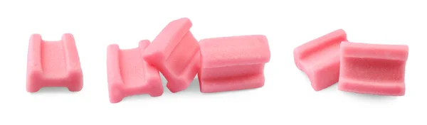 Készlet Ízletes Rózsaszín Buborék Íny Fehér Háttér — Stock Fotó