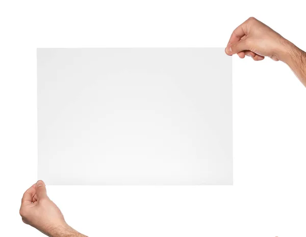Man Met Vel Papier Witte Achtergrond Close Mockup Voor Ontwerp — Stockfoto