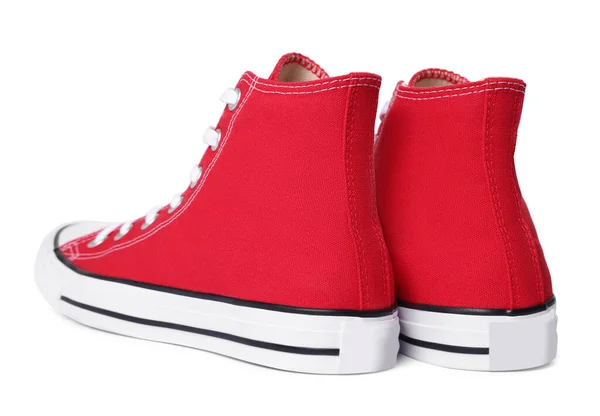 Pair New Red Stylish High Top Plimsolls White Background —  Fotos de Stock