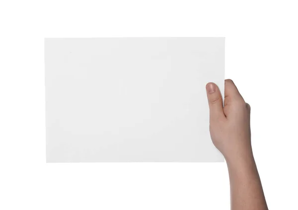 Vrouw Met Vel Papier Witte Achtergrond Close Mockup Voor Ontwerp — Stockfoto