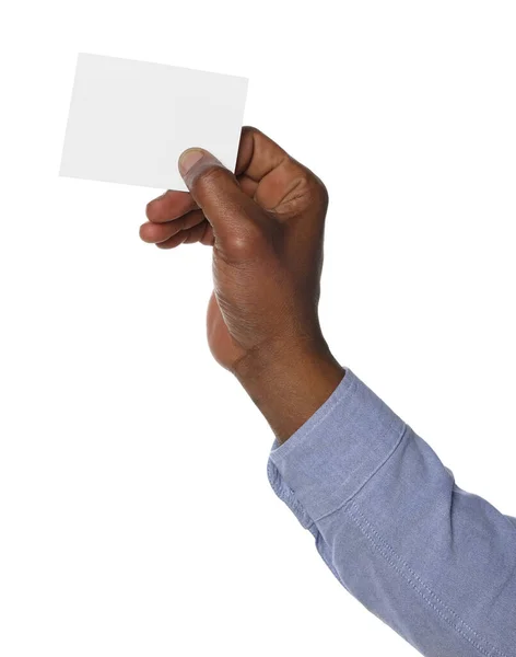 Afroamerikaner Mit Papierkarten Auf Weißem Hintergrund Nahaufnahme Mockup Für Design — Stockfoto