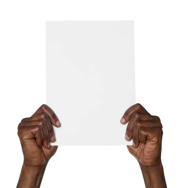 Afro Américain Tenant Une Feuille Papier Sur Fond Blanc Gros — Photo