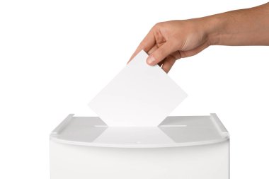 Adam onun oy oy sandığı beyaz zemin üzerine, closeup koyarak.