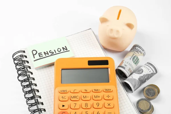 Calculator Piggy Bank Money White Background Pension Concept — Stock Photo, Image