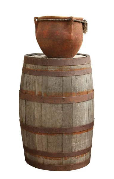 One Wooden Barrel Clay Pot Isolated White — Stock Photo, Image