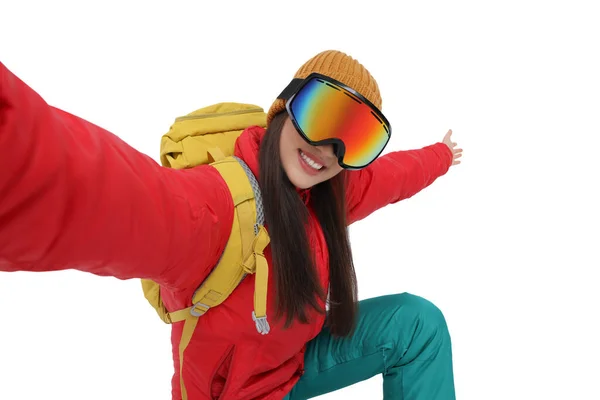 Femme Souriante Lunettes Ski Prenant Selfie Sur Fond Blanc — Photo