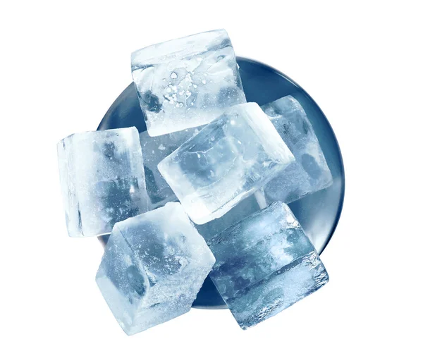 Bowl Crystal Clear Ice Cubes Isolated White Top View — Stock Photo, Image