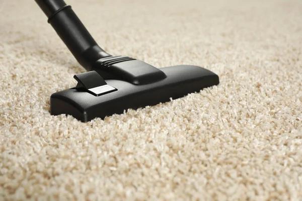 Hoovering Beige Carpet Modern Vacuum Cleaner Closeup Space Text — Stock Photo, Image