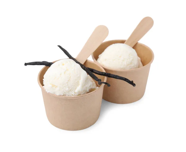 Бумажные Чашки Вкусным Мороженым Ванильные Стручки Изолированы Белом — стоковое фото