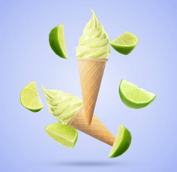 Delicious Citrus Ice Cream Crispy Cones Pieces Lime Falling Violet — Stock Photo, Image