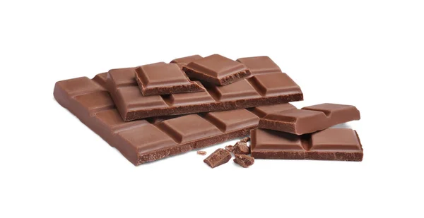 Trozos Deliciosas Barras Chocolate Con Leche Sobre Fondo Blanco —  Fotos de Stock