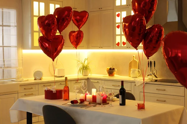 Romantic Atmosphere Cosy Kitchen Set Table Decorated Valentine Day — Stock Photo, Image
