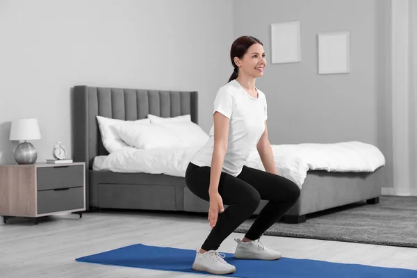 Morning Exercise Happy Woman Squatting Home Space Text — Stock Photo, Image