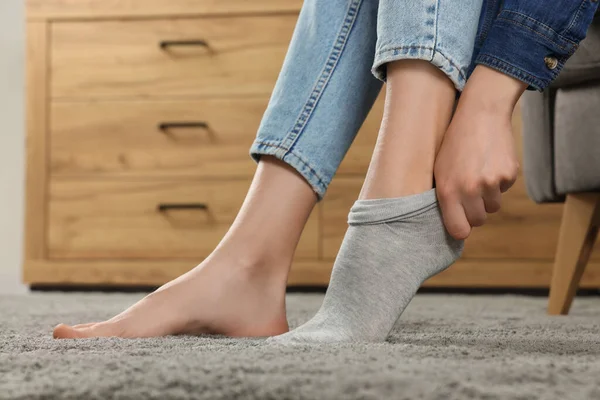 Woman Putting Grey Socks Home Closeup — Stock Photo, Image