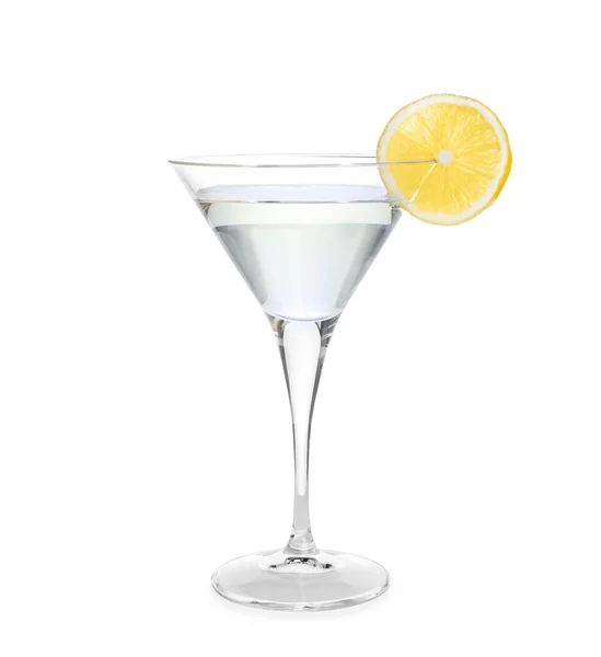 Martini Glas Verfrissende Cocktail Versierd Met Citroenschijfje Geïsoleerd Wit — Stockfoto