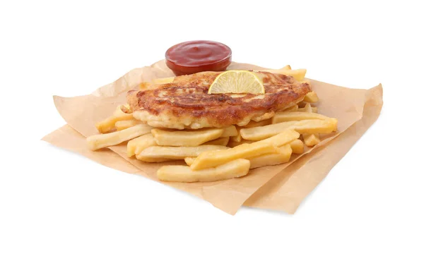 Tasty Fish Soda Water Batter Lemon Slice Potato Chips Tomato — Stock Photo, Image