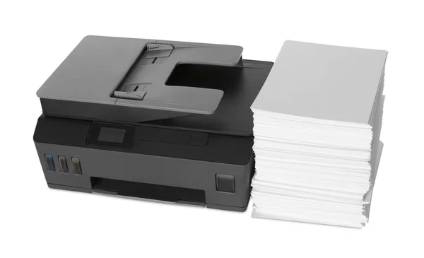 Impresora Moderna Pila Papel Sobre Fondo Blanco — Foto de Stock