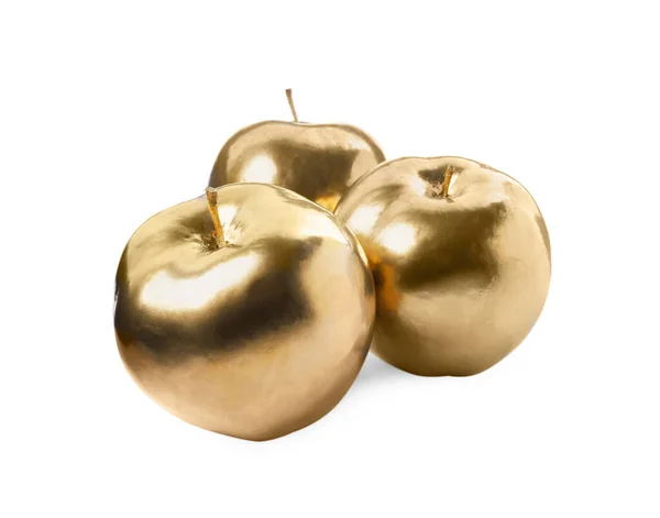 Glänsande Snygga Gyllene Äpplen Vit Bakgrund — Stockfoto