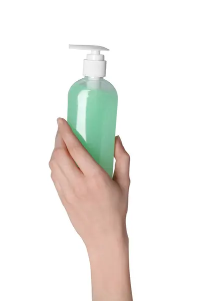 Жінка Тримає Пляшку Засобу Очищення Обличчя Білому Тлі Крупним Планом — стокове фото