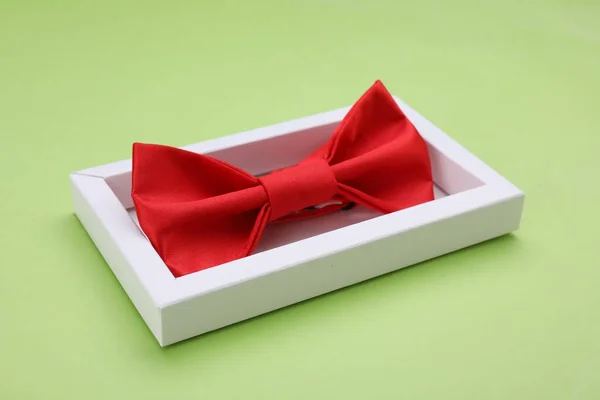 ライトグリーンの背景にボックス内のスタイリッシュな赤い蝶ネクタイ — ストック写真