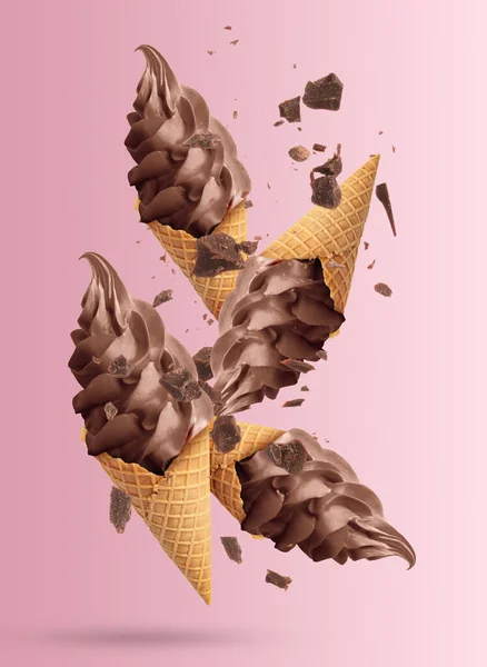 Delicious Chocolate Ice Cream Crispy Cones Falling Pink Background — Stock Photo, Image