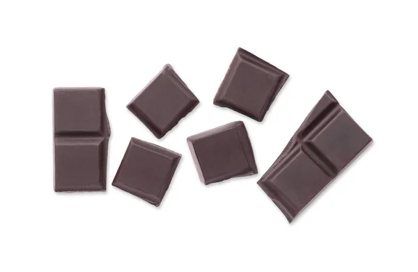 Kousky Lahodné Tmavé Čokolády Bar Bílém Pozadí Horní Pohled — Stock fotografie
