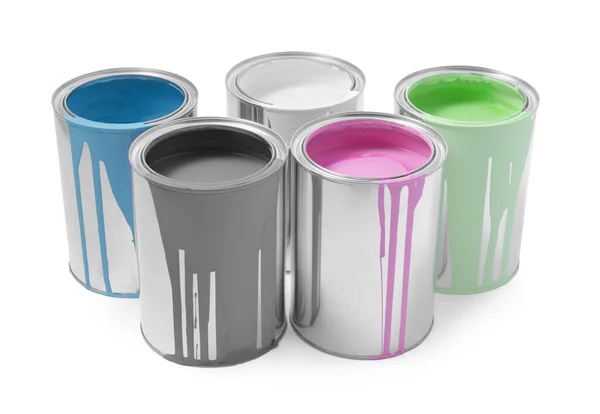Cans Colorful Paints Isolated White — Stock Photo, Image