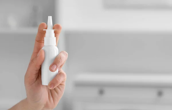 Woman Holding Nasal Spray Bottle Indoors Closeup Space Text — Stock Photo, Image