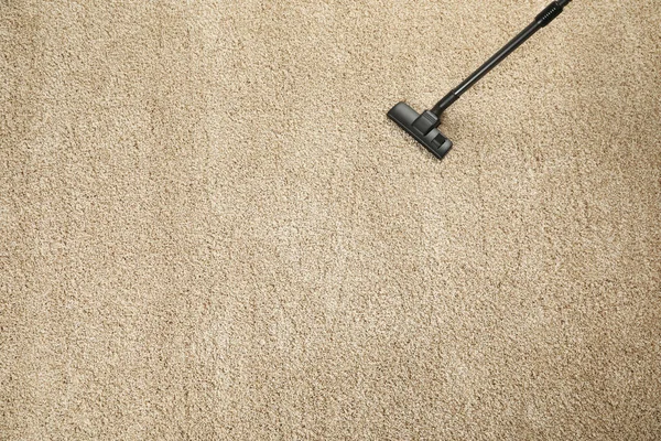 Hoovering Beige Carpet Modern Vacuum Cleaner Top View Space Text — Stock Photo, Image