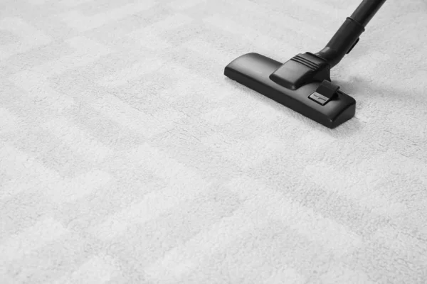 Hoovering White Carpet Modern Vacuum Cleaner Space Text — Stock Photo, Image