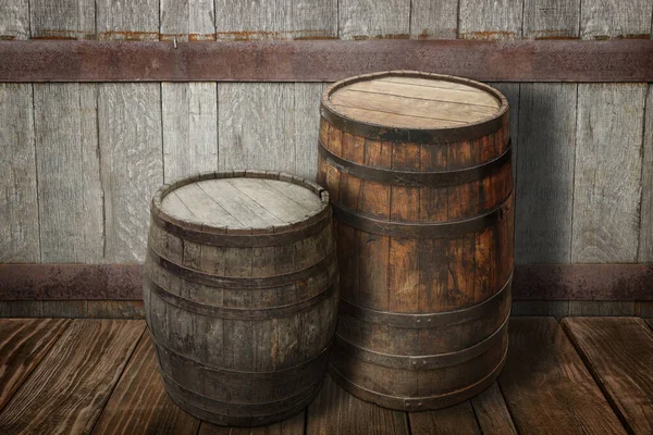 質感の壁の近くに茶色の表面に木製の樽 — ストック写真