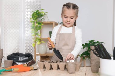 Odanın ahşap masasındaki turba tencerelerine toprak ekleyen küçük bir kız. Yetiştirilen sebze tohumları